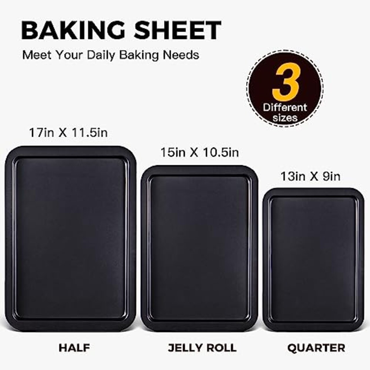 3 PACK Baking Sheet Pan Set, Cookie Sheet for Oven, Nonstick Bakeware Sets with Wider Grips, 3 Pack Half/Jelly Roll/Quarter Baking Tray, Premium, Dishwasher Safe - Dark Grey
